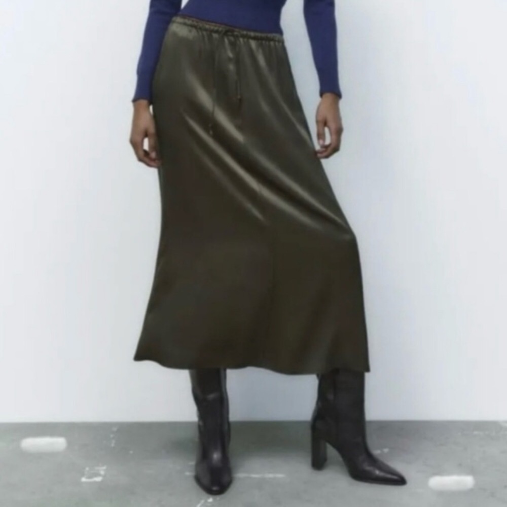 ZARA Skirt Satin Midi A-line drawstring Army Green Dark Olive sz XL